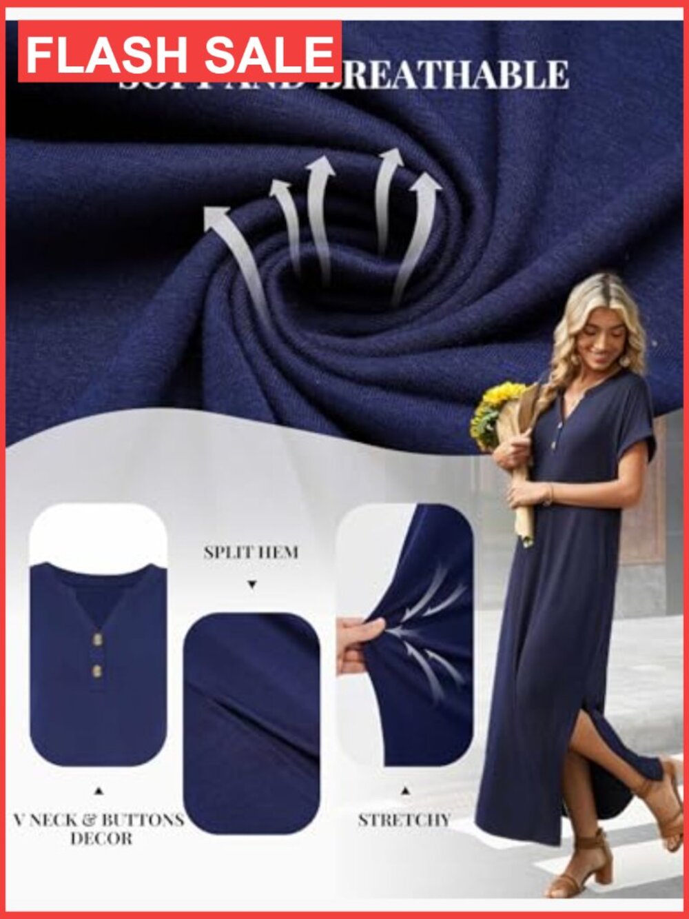 Maxi Dress Short Sleeve V-Neck Side Slit Pockets Summer Casual Sundress - Picture 5 of 7